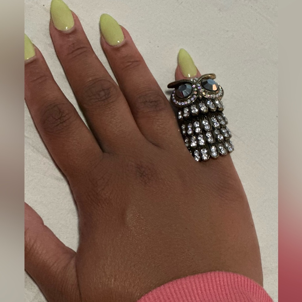 Betsey Johnson Black and Bronze Jewel Owl Ring Vintage